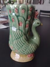 FF Fishermens Fortune Pottery Green Peacock Vase Majolica Style Vintage  picture