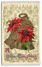 1910 Christmas Winsch Postcard A Merry Christmas Gold Foil Bell Poinsettias picture
