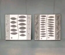 Becky Lloyd Pottery Pair Handcrafted Ceramic Tiles Black White Sgraffito Leaves picture