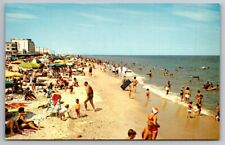 REHOBOTH BEACH DE DELAWARE Postcard Greetings Crowded Beach Swimming Vintage picture