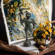 Antique Art Nouveu Bronze Metal Cherub Cupid Winged Angel Candlestick Holder picture