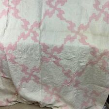 Vintage Drunkards Path Quilt Pink White Antique Hand Quilted 73 X 102 1940s picture