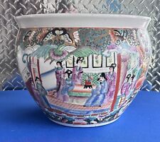 Large Vintage Asian Porcelain Koi Fish Bowl Planter, Floral Scene, Hand Painted picture