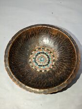 David Malka (Israel) Small Hammered Copper Bowl Mosaic Cut Stone Signed Vintage  picture