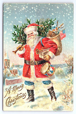Postcard A Merry Christmas Santa Closs Embossed US Flag Sack of Toys & Tree picture