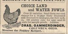 Magazine Ad - 1885 - Chas. Gammerdinger Poulty Farm - Chicks - Columbus, OH picture