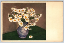 c1940s Flowers White Daisy Vase Blue Pot Vintage Postcard picture