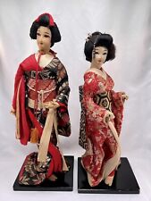 2 Dolls Geisha Japanese Kimono Painted Face Cloth Wooden Base Statue Granny Toy picture