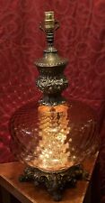 Vintage AMBER Waffle GLASS Desk Table LAMP Hollywood Regency NIGHT LIGHT MCM picture