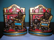 Antique Grand Dad old man reading bookends GS Allen Armor Bronze clad orig paint picture