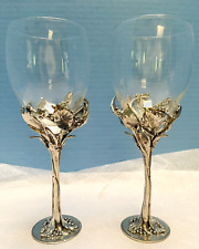 CASTOR COOPER PEWTER FOOTED STEMS Wine/Water Glasses Set Of 2 Signed Vintage 80s picture