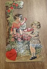 VINTAGE VALENTINE DIE CUT MECHANICAL POST CARD GIRL BOY WITH HEART BOWL 1905 picture
