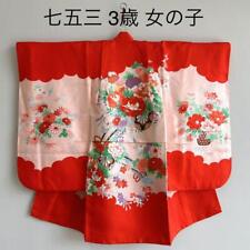 3 Year Old Girl Kimono Long Clothes Vermilion Pink Peony Flower Goshoguruma picture