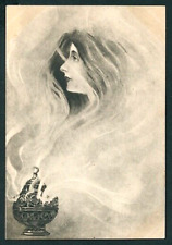 French 1905 Surreal Litho FANTASY Portrait Smoking INCENSE Censer Added GOUACHE picture