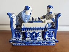 RARE Adorable GZHEL Russia Butter Dish - Men Playing Chess - Blue & White EXLNT picture