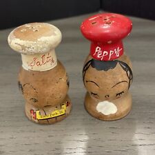 Vintage Salty Peppy Salt & Pepper Shakers Wood Chef  Wooden OLD Painted Illinois picture