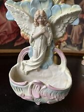 Nice VTG Porcelain Winged Angel Dogwood Flowers Holy Water Wall Fountain 9 1/2 T picture