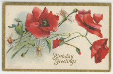 Birthday Wishes Postcard Red Flowers 1911 vintage G10 picture