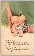 A/S Rose O'Neill Christmas~Kewpie Gives Kiss Beneath The Mistletoe~Gibson Art picture
