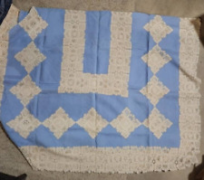 Vintage Blue Ecru and Doily Off white Tablecloth*Oversized Tablecloth picture
