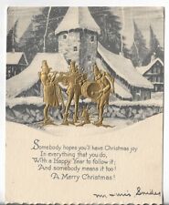 Vtg Christmas CARD-apx 4.75x6 ART DECO Embossed Gold Carolers Playing Music picture