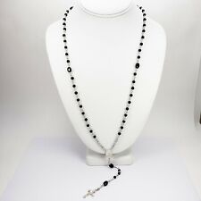 Vintage Sterling Silver 925 Dainty Rosary Black Glass Beads  picture