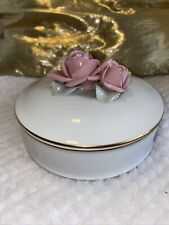 Okura Japanese 1940's Pink Rose Gold Trim  Porcelain Lid Trinket/ Powder Box 5” picture
