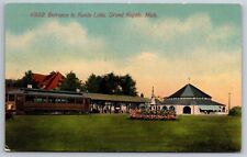 Reed's Lake Entrance Parked Trolley Pavilion Grand Rapids MI C1913 Postcard N26 picture