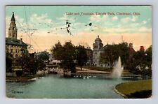 Cincinnati OH-Ohio, Lincoln Park Lake & Fountain, Swans, Vintage c1914 Postcard picture