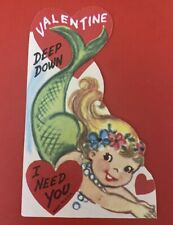 VTG Die-cut Valentine Mermaid Swimming Under Water Deep Down I Need You- Hearts picture