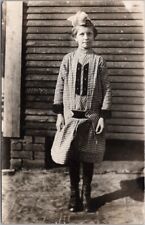 c1910s RPPC Real Photo Postcard Girl in Homemade Gingham Dress / House Porch picture