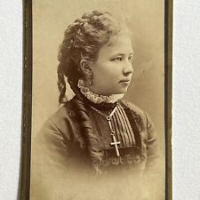 Antique CDV Photograph Adorable Girl Curly Hair Cross Necklace Rochester NY picture