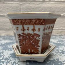 Vintage Japanese Hexagon Porcelain Planter Pot & Saucer Beautiful Decor picture