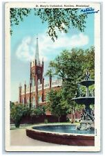 1947 St Mary's Cathedral Fountain Building Tower Natchez Mississippi MS Postcard picture