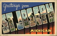 St Joseph Michigan Large Letter lake ferry beach school linen vintage postcard picture