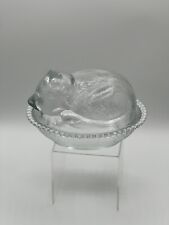Vintage Indiana Glass Sleeping Kitten Bowl Cat in Basket Nest Covered Candy Dish picture