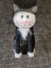 Wooden Folk Art Black & White Cat Figurine Hand Carved & Painted Sculpture 4