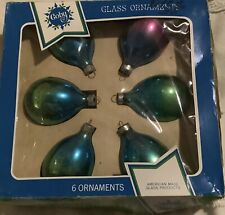 vintage Colby Glass Christmas Ornaments Blue Green Pink box of 6 American Made picture