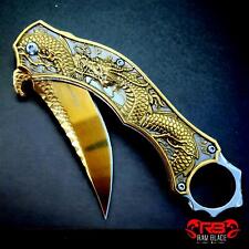 9” Tactical Engraved Gold Dragon Spring Assisted Open Blade Folding Pocket Knife picture