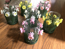 6 Vintage Juice Glasses w/ Plastic Colorful FLOWER Holders Coasters  60's picture