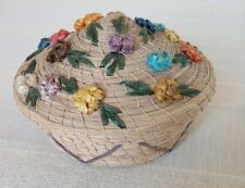 VTG Raffia Flower Embellished Straw Covered Round Basket picture