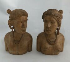 Hand Carved Pair of Teak Wood Tribal Bust Sculptures of Woman and Man   picture