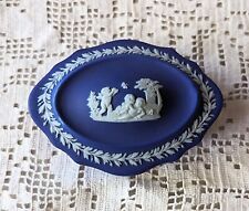 Wedgewood Blue Jasperware Trinket Dish w/ Lid Vintage Box Frolicking Cupids  picture