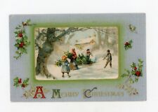 Vintage Postcard Christmas  CHILDREN   SNOW  HOUSE EMBOSSED SLIVER UNPOSTED picture