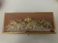 Vintage Wooden Trinket Box Jewelry Hinged & Latched With Running Elephants picture