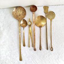Vintage Brass Frying Spoon Strainer Sieve Ladle Set of 7 Kitchenware Props M225 picture