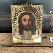 Old Russian Hand Painted Icon Christ with Oklad in Brass 19th Century 1824 picture