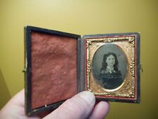 rare antique tintype photograph; cute girl, exposed shoulder, full leather case picture