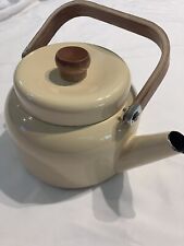 Vintage Enamel Tea Kettle Pot MCM Wood Teak Handle & Cream-Colored Enamel picture