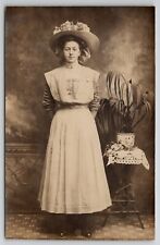 RPPC Pretty Young Lady Large Hair Bow Flower Hat Studio Photo Postcard L27 picture